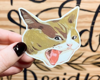 Screaming Cat Sticker, Vinyl Waterproof Matte Decal, Angry Kitty, Brown Cat