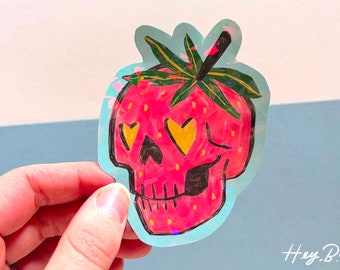 Holo Strawberry Skull Sticker, Cute Holographic Decal, Glitter Fruit Sticker, Red Skull Heart Eyes Decal for Laptop, Journal, Water Bottle