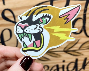 Screaming Cougar Sticker, Rock and Roll Cat Decal, Vintage Style Cat Sticker, Waterproof Vinyl Sticker