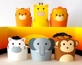 Safari Jungle Paper Animals Diorama Kit, Paper Crafts for Kids, DIY Printable Paper Toys/Puppets, Creative Kids Toys, Monkey, Lion, Giraffe