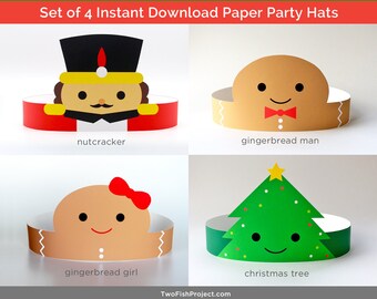 Christmas Party Hats for Kids/Adults, Christmas Paper Crowns/Headbands, Christmas Party Activities/Crafts, Gingerbread Man & Nutcracker