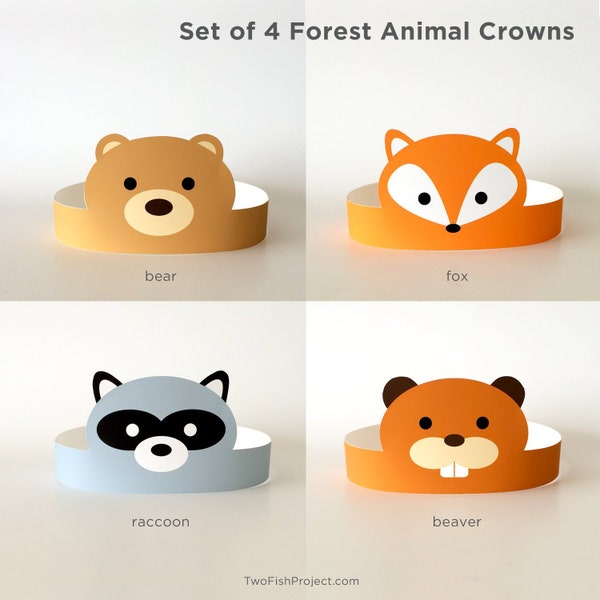DIY Birthday Party Supplies for Kids/Toddlers, Paper Hats, Crafts, Face Masks/Costumes | Woodland Forest Animals: Fox, Bear, Beaver, Raccoon