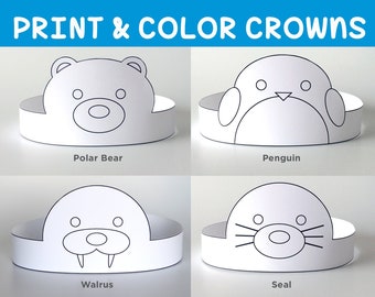 Coloring Face Masks/Costumes, DIY Birthday Party Supplies for Kids, Paper Crowns/Hats | Arctic Animals: Penguin, Polar Bear, Seal, Walrus