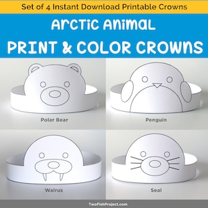 Coloring Face Masks/Costumes, DIY Birthday Party Supplies for Kids, Paper Crowns/Hats | Arctic Animals: Penguin, Polar Bear, Seal, Walrus
