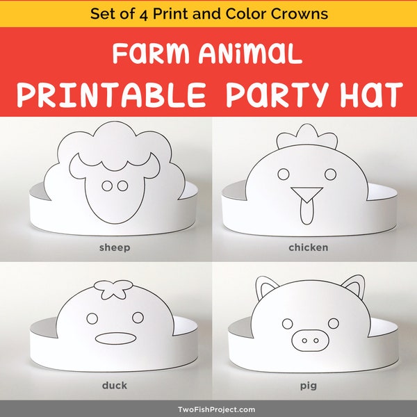 Máscara para colorear DIY, kit de corona de papel imprimible, sombrero de disfraz de fiesta de cumpleaños para niña/niño, animales de granja de corral: pollo, pato, cerdo, oveja