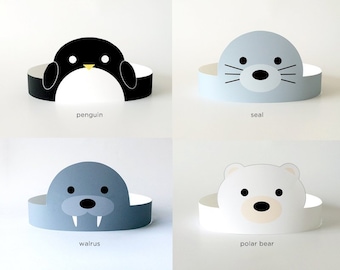 Arctic Animal Baby Shower Supplies/Decor/Decorations, Costume/Masks for Kids/Girl/Boy, Paper Crown Hats | Penguin, Seal, Polar Bear, Walrus