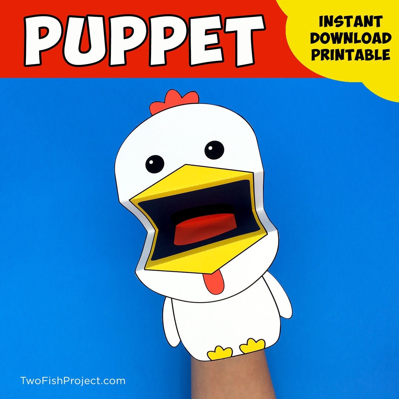 Chicken Printable Paper Puppet, Preschool / Kindergarten Bird Hand Puppet Craft, Big Mouth Barnyard Animal Puppet Birthday Craft Party Favor