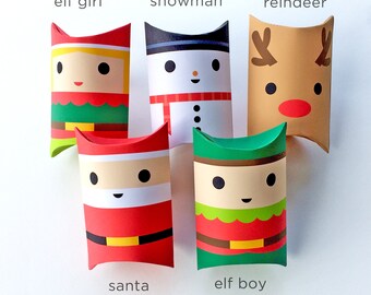 Christmas Treat Boxes, Printable Pillow Box Medium, Christmas Gift Box, Christmas Party Favor Supplies/Boxes: Santa, Snowman, Elf, Reindeer