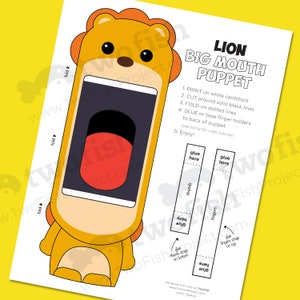 Lion Printable Paper Puppet, Preschool / Kindergarten Hand Puppet Craft, Big Mouth Safari Animal ...