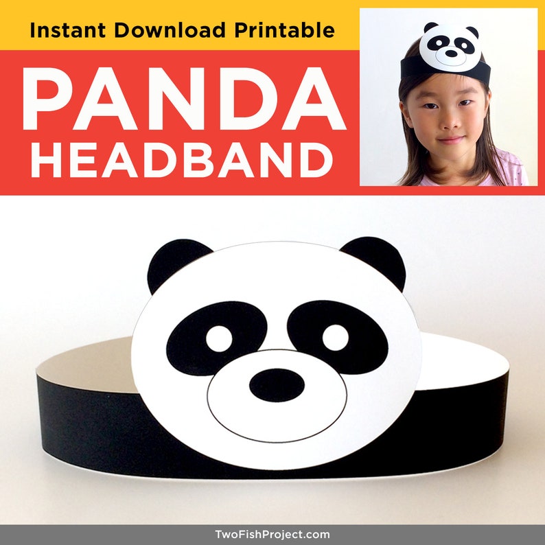 May include: Printable panda headband craft. The headband is black with a white panda face with black ears, eyes, nose, and markings. The headband is shown on a child wearing it.