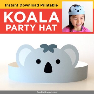 May include: A printable koala party hat template. The hat is light blue with a gray koala face, black nose and eyes, and a gray flower on top. The text "Koala Party Hat" is written in red and white letters on a yellow background.