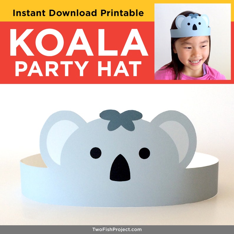 May include: A printable koala party hat template. The hat is light blue with a gray koala face, black nose and eyes, and a gray flower on top. The text "Koala Party Hat" is written in red and white letters on a yellow background.