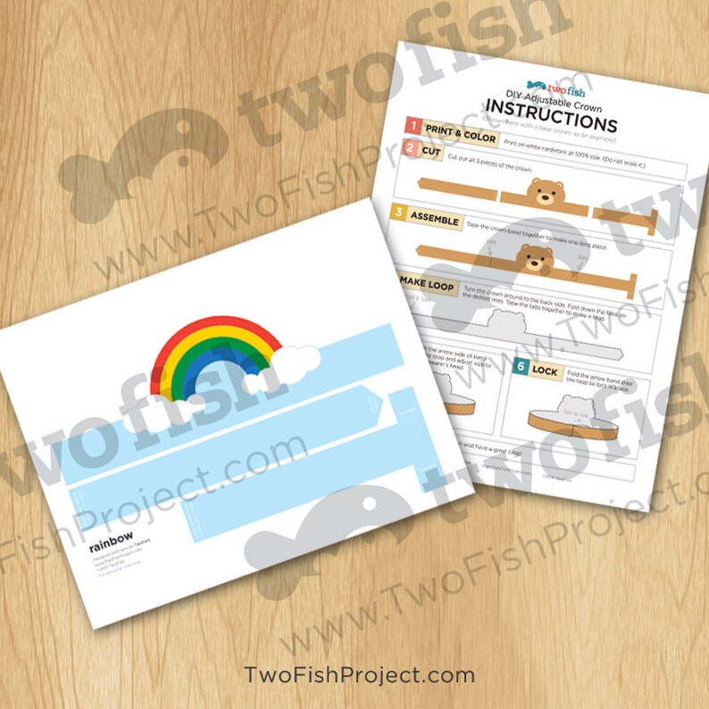 May include: Printable DIY crown craft instructions with a bear face design. The instructions include steps for printing, cutting, assembling, making a loop, and locking the crown. The instructions are from TwoFishProject.com.