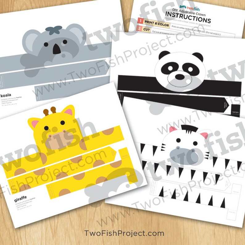 May include: Printable crown templates featuring animal faces, including a koala, giraffe, panda, and zebra. The crowns are designed to be cut out, colored, and assembled into adjustable headbands.