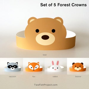 DIY Birthday Party Supplies for Kids/Toddlers, Paper Hats, Face Masks/Costumes Woodland Forest Animals: Fox, Rabbit, Bear, Beaver, Raccoon image 1