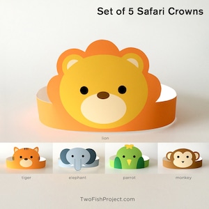 Jungle Safari Birthday Party Paper Crown/Hat, Printable Mask, Baby Shower Decorations/Decor | Animals: Monkey, Elephant, Lion, Tiger, Parrot