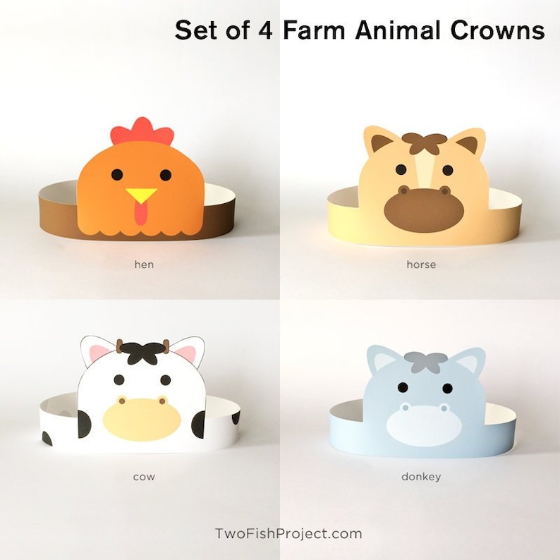 Printable Masks Kids/Boys/Girls/Adults, Birthday Party Hat/Headband/Crown, Supplies/Decor Barnyard Farm Animals: cow, horse, donkey, hen image 1