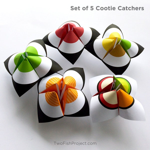 Printable Cootie Catcher Games, Cute Sushi Art, Trending Now Items, Paper Fortune Teller Game, Paper Games for Kids, Kids Party Favor Games