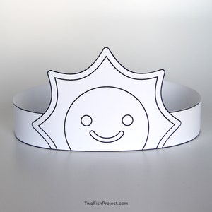 May include: A printable sun crown template for children to colour and wear. The crown is shaped like a sun with a smiling face and rays.