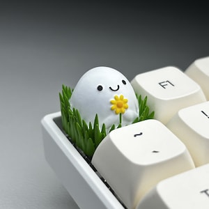 May include: A white, round, smiling character with a yellow flower sits in a bed of green grass on a white keyboard. The keyboard has a key labelled "F1".