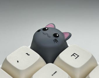 May include: A gray cat-shaped keycap peeks over a keyboard. The cat has pink ears and a smiling face. The keyboard keys are off-white with black lettering and symbols, including the F1 key.