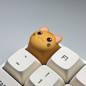 May include: A custom orange cat keycap peeking out from a white keyboard. The cat keycap has black eyes, whiskers, and pink-lined ears. The keyboard keys are white with black lettering and symbols.