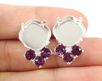 12x12mm Cushion Earrings Settings Fits 12mm 4470 With 3 Swarovski Crystal AMETHYST Rhinestones 1 Pair