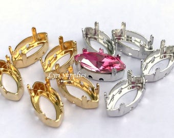15x7mm or 10x5mm Navettes Sew-On Settings 8 pieces Fits Swarovski Crystal 4228 Gold / Rhodium Plated