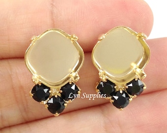 Cushion Cut Gold Plated Stud Earring Base Fits 12mm 4470 With 3 Swarovski Crystal JET Black Rhinestones 1 Pair