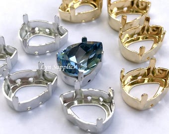 Pear Sew-On Settings 18x13mm or 14x10mm Rhodium / Gold Plated Fits Swarovski Crystal 4320, 6 pieces