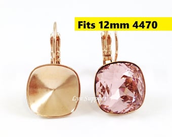 Rose Gold Cushion Cut Earrings Settings 1 Pair Fit Swarovski Crystal 4470 12x12mm Glue On Nickel Free Leverback Earring Base