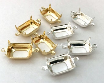 Octagon Settings Fit Swarovski 4610 Rectangle 14x10mm Open Back 2 Loops Connectors, 24K Gold Plated / Sterling Silver Plated 10 pieces