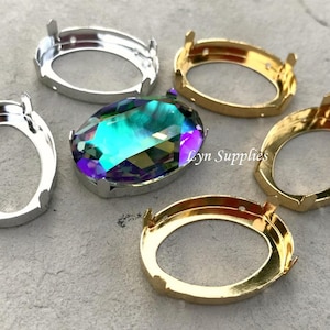 30 x 22 mm スワロフスキークリスタル 4127 オーバルファンシーストーン用オーバル縫い付けセッティング、ロジウム/ゴールドメッキ、オープンバック、縫製用4穴
