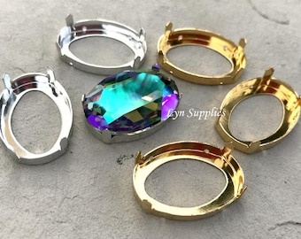 Oval Sew On Settings For 30x22mm Swarovski Crystal 4127 Oval Fancy Stone, Rhodium / Gold Plated Open Back 4 Holes For Sewing