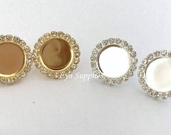 Flatback Halo Earstuds, 12mm or 8mm Glue On Rhinestones Stud Earrings Base Gold or Silver