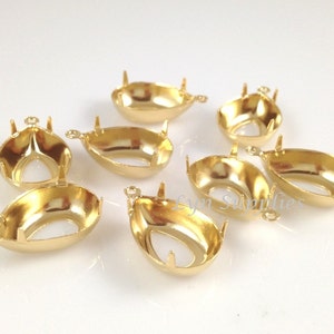 18x13mm 24K Gold Plated Teardrop Settings 10pcs OPEN BACK Prong with 1 Loop