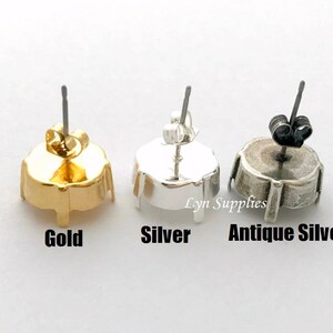 12mm Cushion Stud Earrings / Clip On Earrings Settings Base - Gold, Silver, Antique Silver - Fits Swarovski Crystal 12mm 4470 image 2
