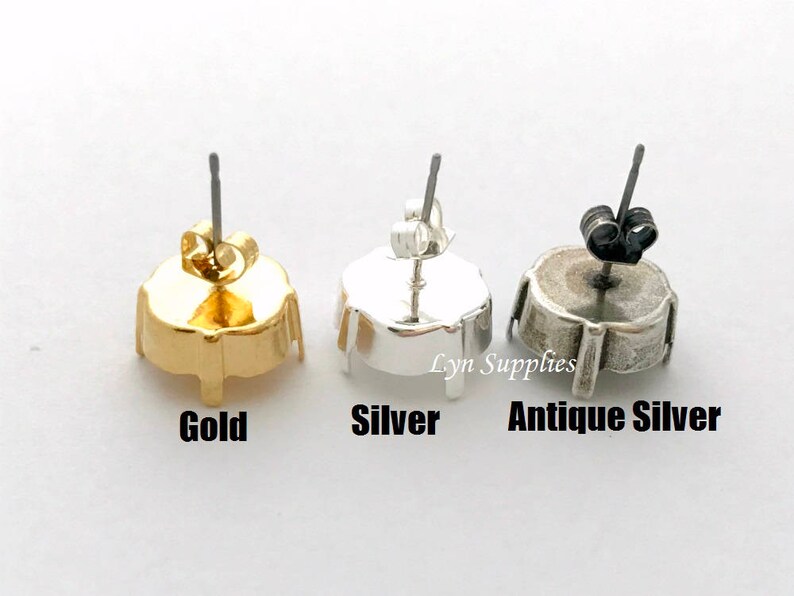 12mm Cushion Stud Earrings / Clip On Earrings Settings Base - Gold, Silver, Antique Silver - Fits Swarovski Crystal 12mm 4470 image 2