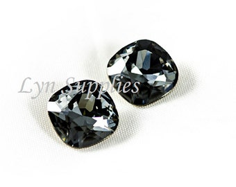 12 mm 4470 SILVER NIGHT Swarovski Crystal Cushion Cut Fancy Stone, Grigio scuro 2 pezzi