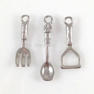 Bakers Charm Set, Spoon Fork Masher Utensil Charm Set, Baking Tools Set, Rhodium Cooking Set
