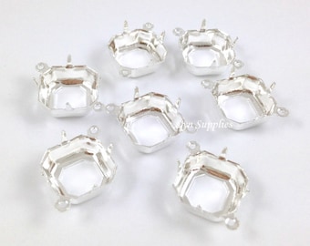 Square Setting 12x12mm 2 Loops Sterling Silver Plated OPEN BACK Prong 10pcs Octagon Cushion Cut Fits Swarovski 4470