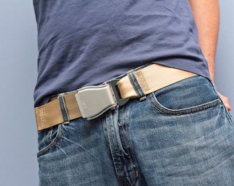 The FlyBuckle™ - Beige Fashion Belt made with Airplane Seat Belt Buckle and Actual Seat Belt Strap