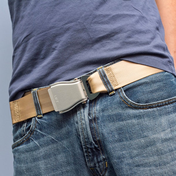 The FlyBuckle™ - Beige Fashion Belt made with Airplane Seat Belt Buckle and Actual Seat Belt Strap