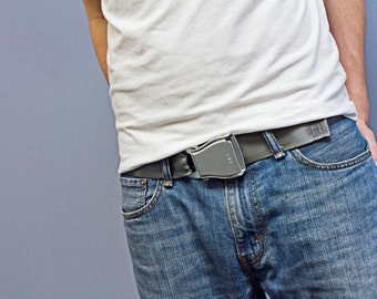 The FlyBuckle™ - Gray Fashion Belt made with Airplane Seat Belt Buckle and Actual Seat Belt Strap