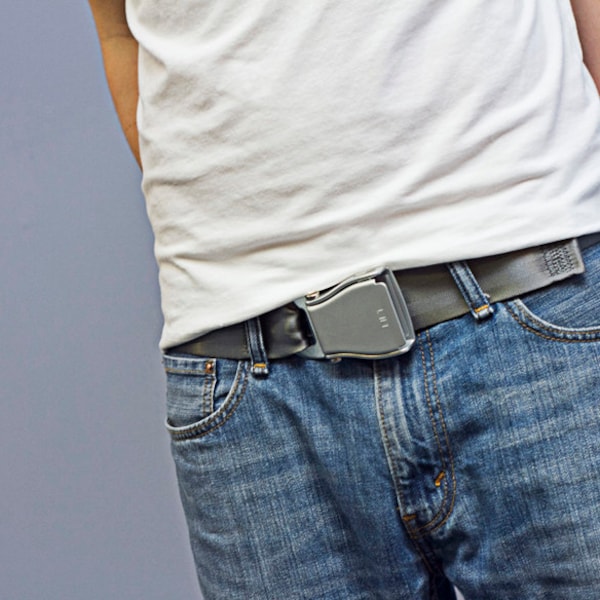 The FlyBuckle™ - Gray Fashion Belt made with Airplane Seat Belt Buckle and Actual Seat Belt Strap