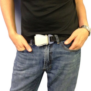 The FlyBuckle™ Fashion Belt made with Airplane Seat Belt Buckle and Actual Seat Belt Strap 5 Sizes & 6 Colors image 1