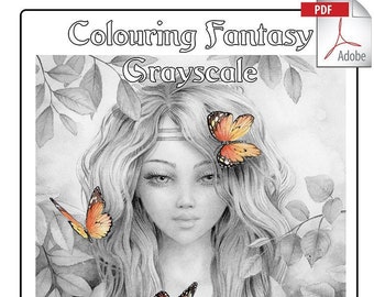 Colouring Fantasy Grayscale PDF, 12 Grayscale Colouring Images Instant Download Printable File by Scot Howden