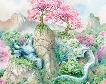 May include: Watercolor painting of a fantasy landscape featuring two light blue dragons resting on mossy rocks. Pink flowering trees bloom atop the rocks, with mountains and a cloudy sky in the background. The artwork has a soft, whimsical feel.