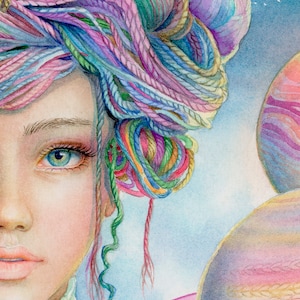 May include: A watercolor painting of a woman's face with colorful yarn in her hair. The woman has blue eyes and pink cheeks. The background is a light blue with a hint of pink.