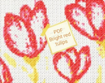 Cross stitch "Bright Red Tulips" - Digital PDF Download colours symbols pattern download instantly